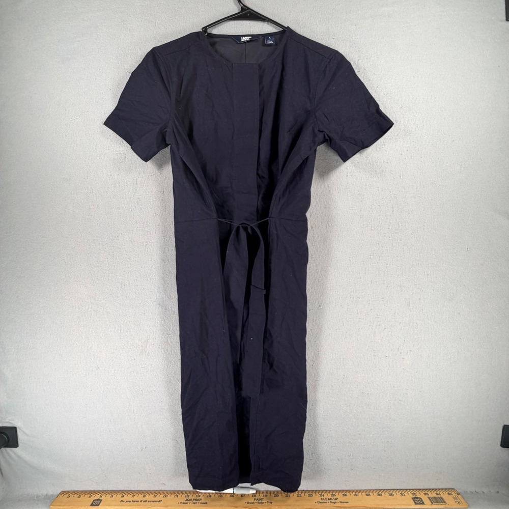Lands' End Women's Size 4 Navy Blue Linen Blend Tie Waist Short Sleeve Jumpsuit